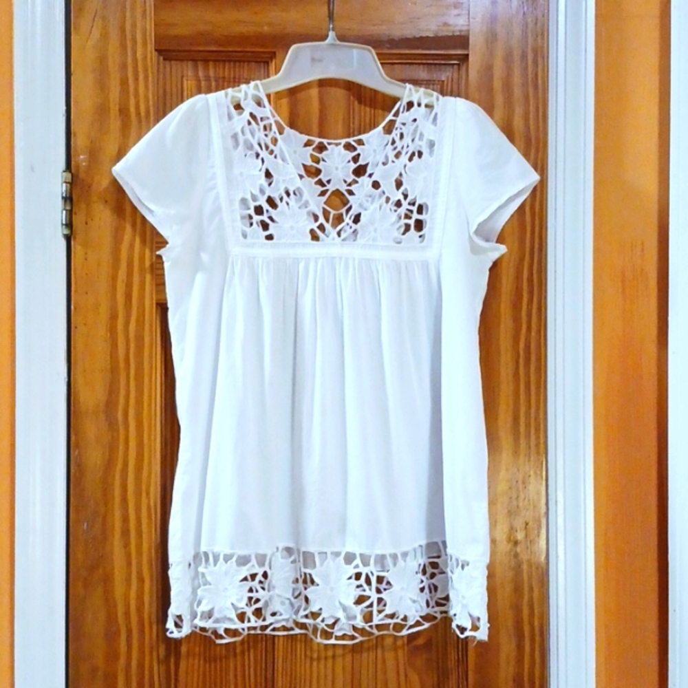 Bizz White Embroidered Babydoll Y2K Eyelet Short Sleeve Top size L